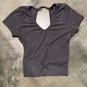 Solemio Charcoal Ribbed V-Neck Short Sleeve Top